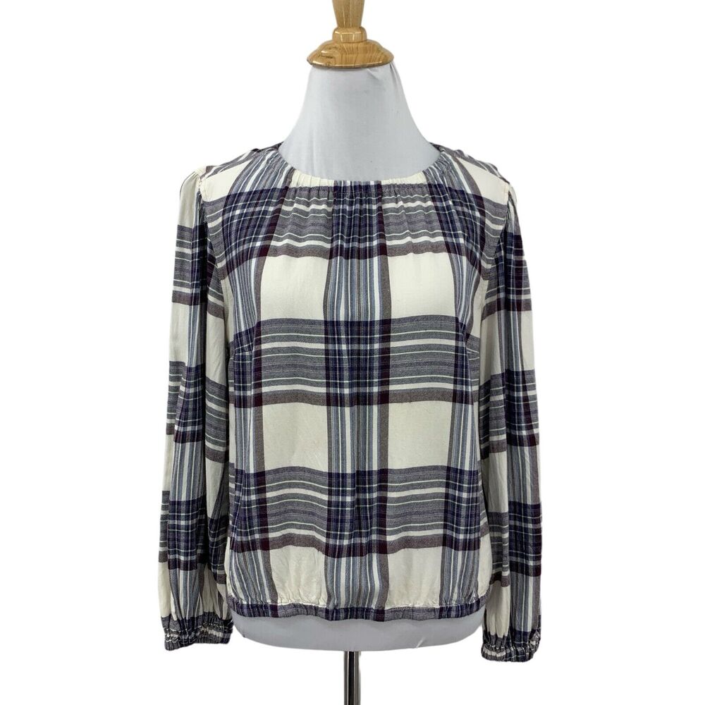 Cloth & Stone Top Womens Extra Small Glacier Plaid Balloon Sleeves Anthropologie